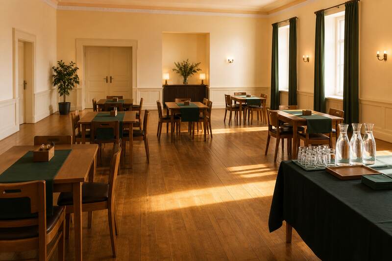 Sala ze stolikami przygotowana na zbiórkę graczy, bez osób
